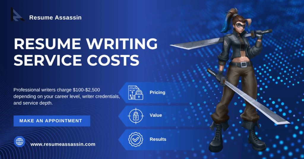 Professional resume writing service cost breakdown showing pricing ranges from entry-level to executive with ROI calculator and budget considerations